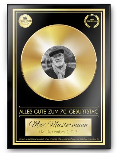 Tigerlino® Goldene Schallplatte personalisiert inkl. Aluminium Bilderrahmen Poster Druck | Geburtstag Geschenkidee zur Goldenen Hochzeit Musiker Anerkennung Wertschätzung personalisiertes Geschenk