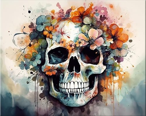 Hjjdiyes Pintar por Números Adultos Flor Calavera - Kits de Pintar por Números Principiantes - Lienzo Sin Arrugas, Pinceles y Pintura Acrílica - Kit de Pintura al Óleo Pintado a Mano DIY Como Regalo