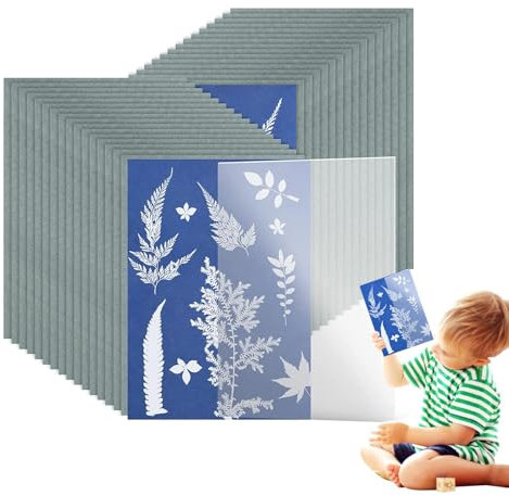 Cyanotype Papier-Set, 32 Blatt Sonnendruckpapier, A5 Solar-Zeichenpapier, Empfindlichkeit, Naturdruckpapier mit 1 Blatt Acrylplatte, transparenter Glas-PVC-Rückplatte, -Projekt für Kinder und