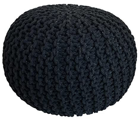 Abato Pouf Ø 55 cm Sitzpouf Strickhocker Sitzpouf Bodenkissen nachhaltig Grobstrick Optik, extra stabil, passend für jeden Wohnraum, fair gehandelt, 100% Baumwolle Naturmaterial (schwarz)