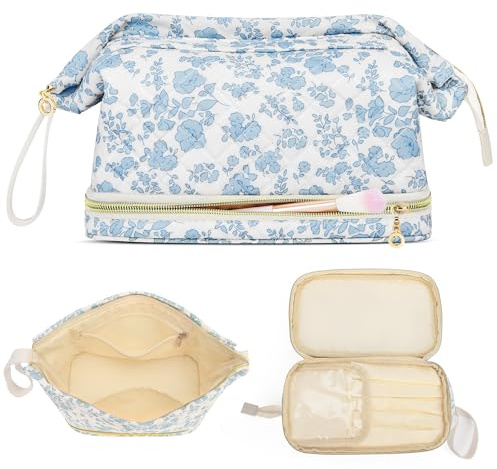 Reise Makeup Tasche, Gesteppte Kosmetiktasche aus Baumwolle, Große Doppellagige Make-up-Tasche für Frauen, Süße, Florale, Weit Geöffnete Make-up-Tasche als Geschenk für Mädchen