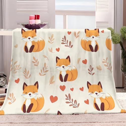 XCQHZYQ Kuscheldecke für Kinder Cartoon Fuchs Blätter 150x200 cm Decke Fleecedecke Sofadecke Kinderdecke, Superweiche Flanell Wohndecke Geschenke für Jungen Mädchen