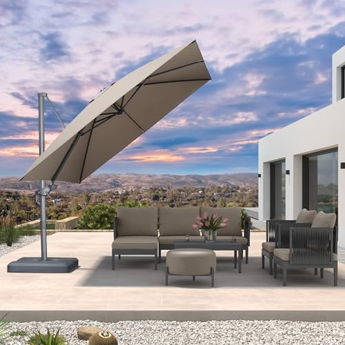 PURPLE LEAF Ombrellone da Giardino 3 x 3 m Quadrato, Ombrelloni da Esterno con Protezione UPF50+, Ombrellone Decentrato in Alluminio con Rotazione di 360° e 5 Posizioni Regolabili, Cachi