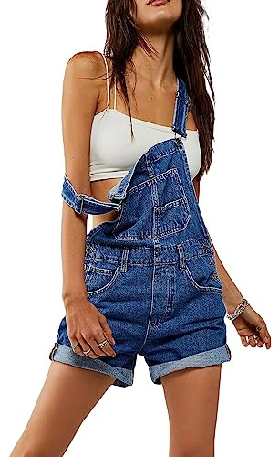 YILEEGOO Denim Jumpsuits for Women Straight Leg Stretch Jeans Dungarees Bib Overalls Regular Fit with Adjustable Straps (Z-Shorts Blue, XL)