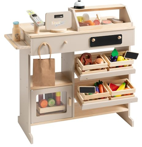 howa Negozio in legno - Negozio giocattolo con accessori per negozio da 40 pezzi, registratore di cassa con lettore di carte giocattolo, lavagna, vetrina, naturale - beige 47559