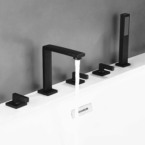 Shower Head Badewannenarmatur mit Handbrause, 5-Loch-Badewannenarmaturen-Set, heiß und kalt, G1/2-Anschluss, 3 Griffe, Messing-Brausemischbatterie-Set für Badewanne, Schwarz Shower