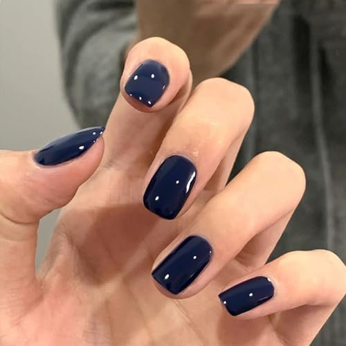 Glossy Dark Blue Full Cover False Nails - 24Pcs Pure Color Collection, Acrylic Stick-on with Glue for Women's Nail Art - Short Square for Girls (Dark Blue)