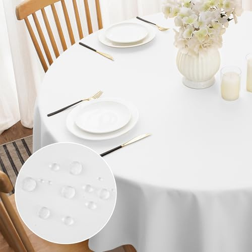 Softalker Tischdecken Rund 160 cm Durchmesser Tischdecke Abwaschbar Weiss Tischtuch aus 210 GSM Polyester Fleckschutz Tischwäsche Kratzfest Table Cloth für Outdoor, Party, Hochzeiten
