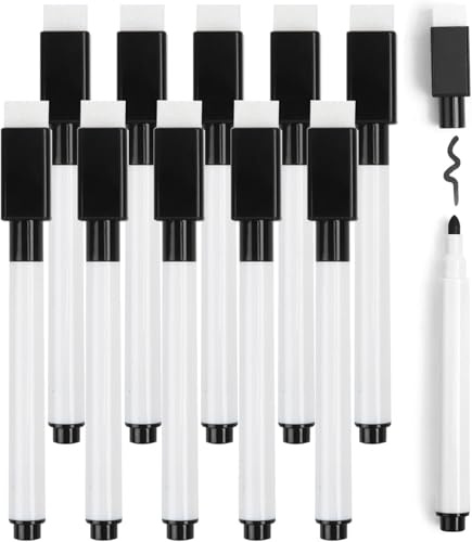 DERAYEE Feutre Effaçable Tableau Blanc,10PCS Noir Stylo Tableau Blanc Effaçable, Marqueur Effaçable,Feutre Ardoise Effaçable pour Ecole Bureau