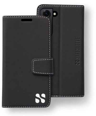 SafeSleeve Vegan Leather Wallet Case for Galaxy S25, Black | EMF Blocker, Card Data Protection, 3 Card Slots, Adjustable Stand, Vegan Leather - Daily Use