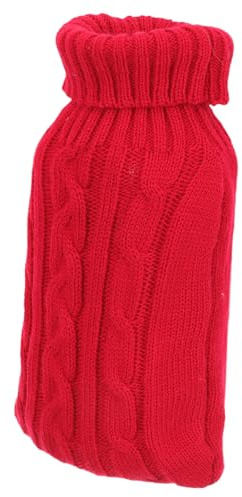HIAKDOFT Wärmflasche 2l mit Rotem Strickbezug Auslaufsicherer Gummi Wasserbeutel Kompakte Winter Handwärmer Hülle Sicherer Bezug für Heiß und Kalttherapie