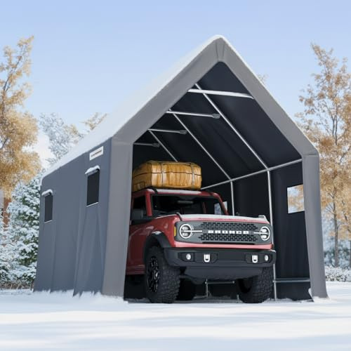 KING BIRD Heavy Duty 10X15FT RV Carport - 10.8FT Ultra High Peak Storage Shed Shelter for Trucks/SUVs with Roof Racks, Boats. Outdoor Anti-Snow Car Canopy with Ventilation Windows -Dark Gray