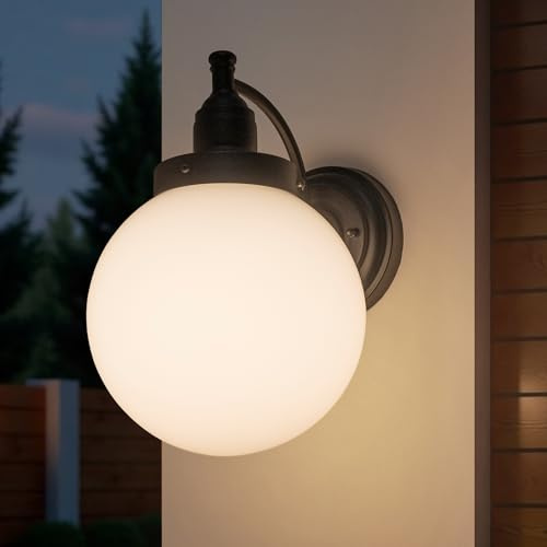 FTL Globe Outdoor Wall Light with Glass Frosted White, Modern Porch Light Wall Sconce Lantern, E27 Socket Outside Wall Lamp, Exterior Security Lights for Front Door Backyard Entryway, IP44 Waterproof