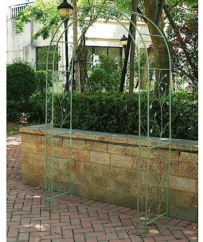 Arco de jardín de metal resistente con picos de suelo, soporte fuerte para plantas trepadoras para rosas y verduras, decoración grande vintage para exteriores e interiores, color verde