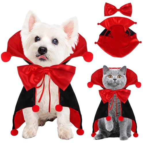 Fohuanky Mantello da vampiro per cani e gatti, mantello regolabile per animali domestici, con fiocco e pompon, costume per animali di taglia piccola, media e grande (rosso, M)