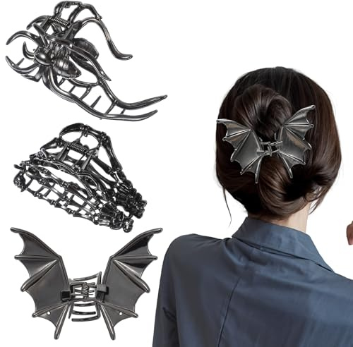3 Stück Gothic Haarklammer,Metall Halloween Spinnen Fledermaus Claw Clip,Schwarz Skelett Haarspange,Legierungs Punk Halloween Haarklammer Dekoration