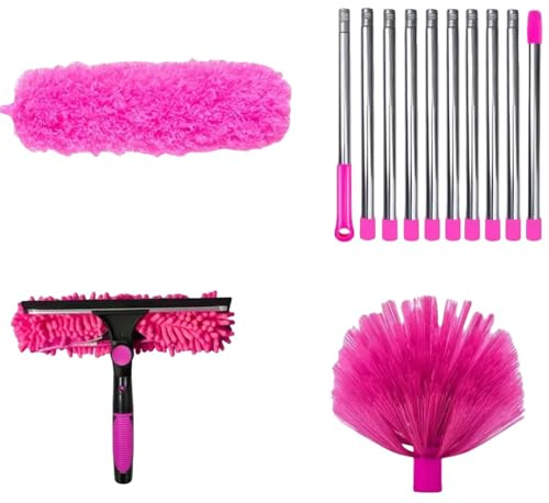 SAYEYBU Kit de Plumeau Haute PortéE, Kit de Nettoyage avec 3 TêTes de Brosse Extensibles de 76 à 438 Cm, Plumeau RéUtilisable avec Une Rallonge pour Meubles et Voitures,Rose
