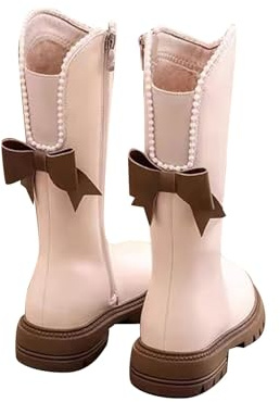 Bottes hautes d'hiver chaudes pour filles avec décoration nœud, semelle en caoutchouc antidérapante, bottines à isolation thermique, bottes longues en cuir style princesse pour les jours de neige