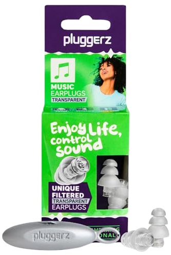 Pluggerz Enjoy Music Bouchons d'oreilles réutilisables en silicone transparent avec filtre, indice de réduction du bruit de 24 à 29 dB, protection auditive universelle pour concerts, festivals, clubs