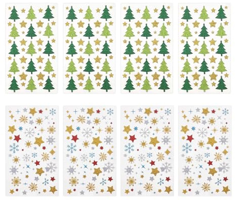 288 Sterne Schneeflocken Aufkleber, Glitzer Weihnachtsbaum Sticker, Weihnachtsaufkleber Selbstklebend, Weihnachtssticker, Aufkleber Weihnachten für Karten Geschenke Basteln (8 Bogen)