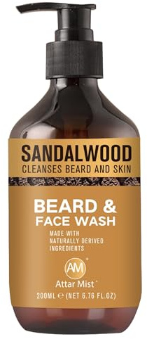 AM Beard & Face Wash - Sandalwood Scented - Gently Cleanses, Stops Itching & Flaking, Hydrates Dry Flaky Skin Under Beard - Naturally Derived Aloe Vera, Galangal, & Orange Peel - 6.76 fl oz
