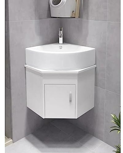 Mobile da bagno angolare con lavabo, set da parete con lavabo in ceramica, rubinetto cromato e scarico a forma di U per piccoli spazi