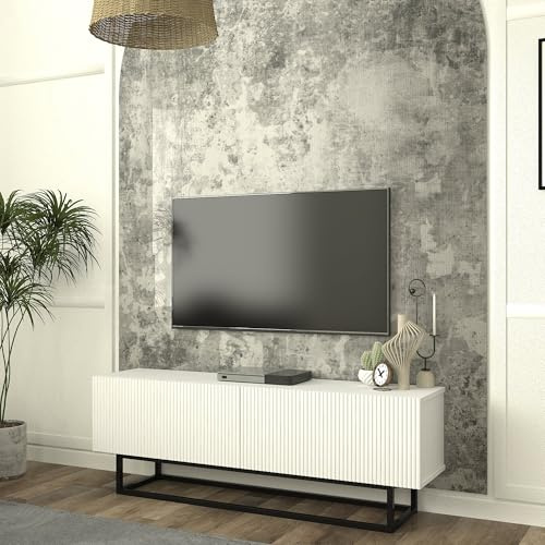 [en.casa] TV Schrank Verpsboga Lowboard mit 2 Türen 3D-Front Fernsehschrank kurzes Gestell aus Metall 135 x 32 x 47 cm Sideboard Kommode Fernsehtisch Weiß
