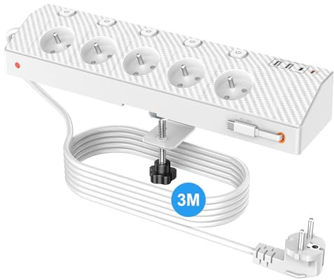 PASSUS Multiprise avec USB-C 30W, Prise Française de Table, Câble 3M, Blanc | 5 Prises Secteur et 5 USB, 4000W avec Interrupteurs Individuels, Parafoudre et Surtension, Mult Prise pour Maison et Bureau