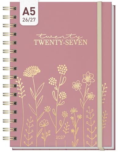 Häfft® Ringpärmskalender 2026/2027 A5 på engelska (+ IT/FR/ES) - 17 månader: augusti 26 till december 27 - veckoplaneringskalender med spiralbindning Fine Flowers rosé