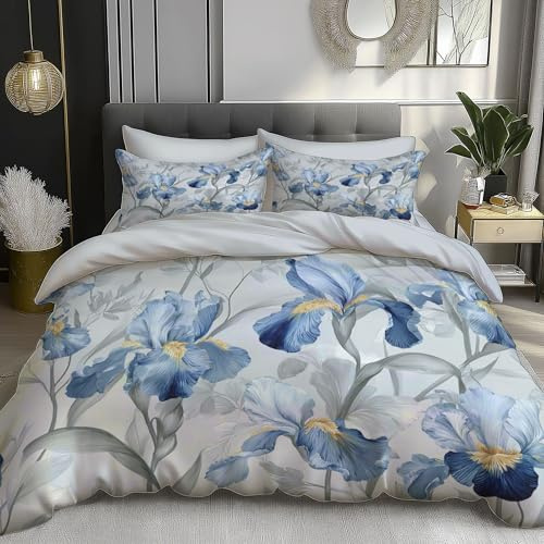 Queen Duvet Cover Sets - Iris Pattern Print Reversible Duvet Set (1x Quilt Cover, 2 x Pillowcases) Soft Microfibre Bedding Bed Set 90x 90, Blue-Gray