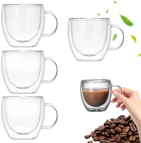 4 tazas de café de vidrio de doble pared, taza de café de 5, 07 onzas, tazas de expreso de vidrio transparente, resistentes al calor con agarre seguro, perfectas para expreso, té, lech
