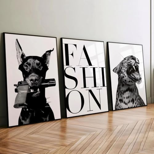 AQCQDQ 3er Poster Set, Schwarz-Weiß Fashion Wandkunst Set, Dobermann und Leopard Leinwanddrucke Tierposter für Zimmer, Wohnzimmer, Schlafzimmer, Badezimmer, Ohne Rahmen (50 x 70 cm)