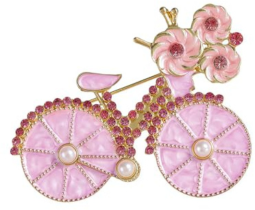 Spilla da bicicletta viola smaltata – con fiori e perline | spilla da principessa carina da donna | accessorio alla moda romantico per vestito, borsa, cappello di paglia, compleanno