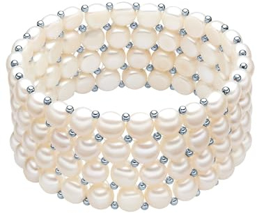 Valero Pearls Damen Perlenarmband mit Hochwertigen Süßwasser-Zuchtperlen | Perlengröße 6 - 7 mm,Button-Form,weiß,925 Sterling Silber,18 cm,Perlenarmschmuck,flexibel,Nylon,4-Reihig,Armband,echte Perlen