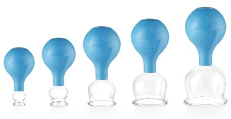 Pulox Schröpfgläser Set aus Echtglas mit Saugball - 5x Medizinisches Schröpfglas mit hoher Saugleistung in Blau