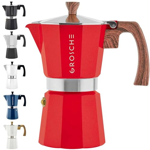 GROSCHE Milano Moka Stovetop Espresso Coffee Maker (9 Cup / 450 ml, Red) | Cuban Coffee Maker And Italian Moka Pot For Stovetop Espresso; For Gas, Electric, And Propane Stoves With A Soft-Touch Handle