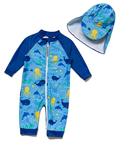 BONVERANO Bañador recién Nacido Manga 3/4 con protección UV 50+ con Cremallera(Azul-Océano,18-24meses