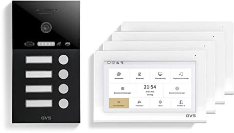 GVS - IP Video Türsprechanlage 4 Familienhaus mit Türöffner (RFID), HD Kamera, 4X 7 Zoll Monitor & App - Smarte Video Türklingel mit Kamera & Gegensprechanlage (AVS4470U)