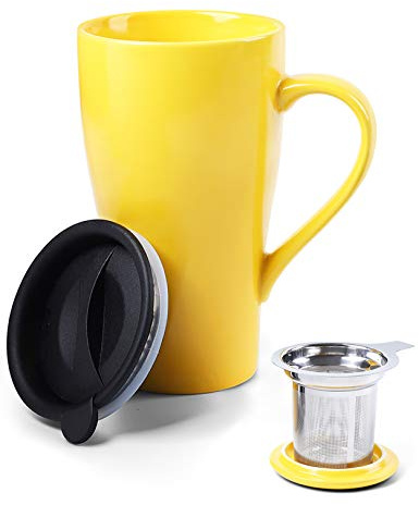 ARRADEN Tea Mug with Infuser and 2 Lids, 18oz Large Tea Infuser Cup, Tea Strainer Mug for Loose Leaf, Ceramic Travel Mug with Teabag Holder (Yellow)
