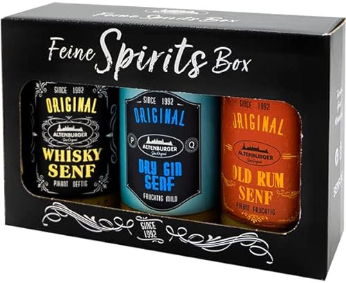 Altenburger Original Feine Spirits Box mit Whisky Senf (200 ml), Dry Gin Senf (200 ml) und Old Rum Senf (200 ml), Senf Mittelscharf