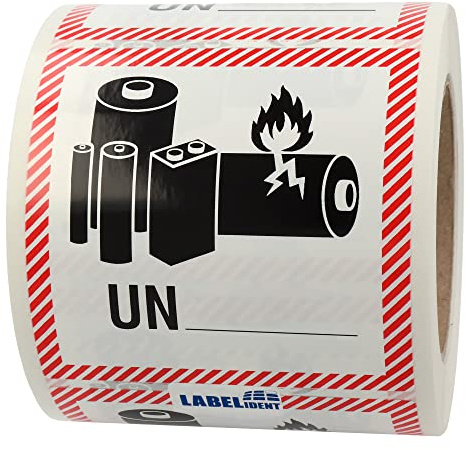 Labelident Lithium-Batterien Transportaufkleber UN zum Selbstbeschriften, 100 x 100 mm, 500 Etiketten aus PE-Folie (Polyethylen) auf Rolle, Gefahrgutaufkleber für Versand