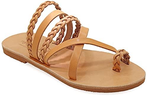 41 Schwarz Emmanuela Greek Style Sandalen mit geflochtenen Gold Teilen, hochwertige handgemachte Leder Zehenring flache Sandalen, Slide on Sommerschuhe für Damen, Boho Chic Slider Sandalen