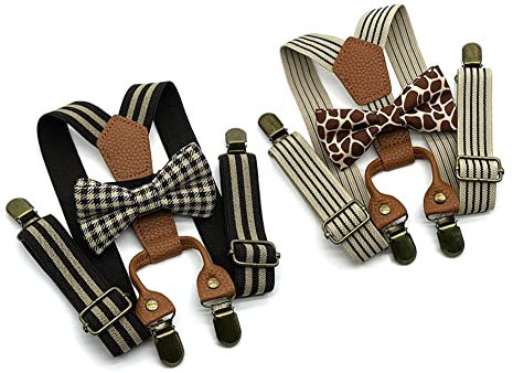 Anshili 2stk Kinder Hosenträger mit Fliege 4 Clips Y-Form - 2.5 cm Breit (Kaffee)