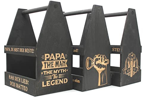 Generisch Bierträger personalisiert Sixpack Flaschenträger in SCHWARZ mit Gravur und Motiv, Männerhandtasche Geschenk für Männer Geschenk zum Vatertag Bierkiste für die Grillfeier