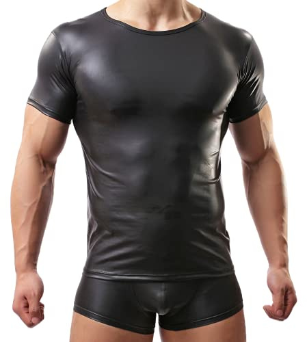 Crongless Herren Sexy T-Shirt,Lackleder Kurzarm Wetlook Top Unterhemd Fitness Latex Shirts Tank Top Slim Fit
