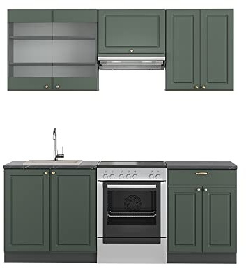 Vicco Küchenzeile Fame-Line, Grün-Gold Landhaus/Anthrazit, 200 cm ohne Arbeitsplatte, geeignet für Variable Modulplatzierung und Erweiterung