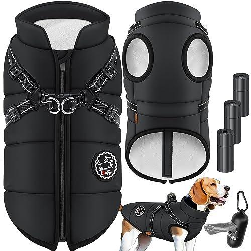 LOVPET® Hundejacke Hundemantel mit Geschirr, inkl. 45 Stück Kotbeutel + Spender, Hunde Winterweste gefüttert wasserdicht, Gepolsterte Weste Mit Brustgurt, Reflektoren, D-Ring 4XL, Schwarz