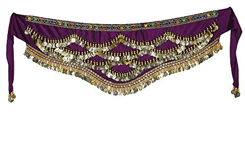 Damen Bauchtanz Hüfttuch, Bauchtanz Rock Wickelgürtel mit Goldmünzen Chiffon Dangling Bauchtanz Münztuch Kostüm Gürtel 150 x 31 cm (Lila)
