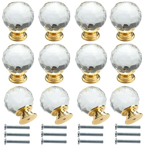 Roellgs 12 Piece 30mm Clear Round Crystal Glass Diamond Door Handle with Screws, High-end Luxury Pulls for Wardrobe and Drawer, Single Hole Pulls Home Decoration