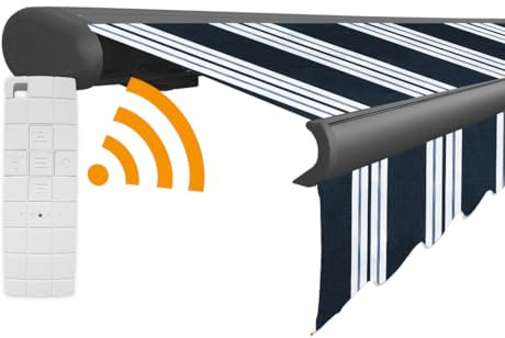 Arilco Elektrische Vollkassettenmarkise Kassettenmarkise Gelenkarmmarkise Markise Sonnenmarkise Sonnenschutz in vielen Farben und Größen wählbar in der Kassettenfarbe Anthrazit (5x3m Bluejeans)